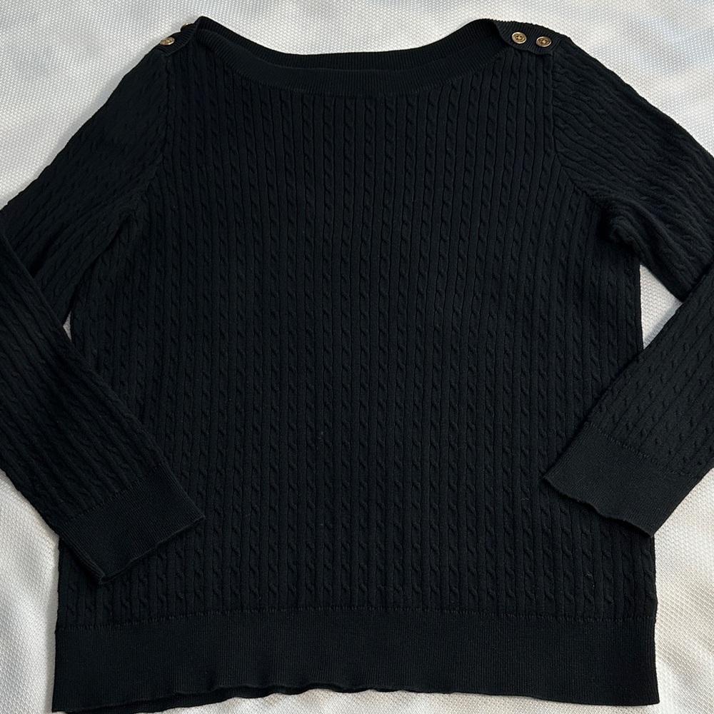 Lauren Ralph Lauren Black Cable-Knit Boatneck Sweater with Gold Shoulder Buttons